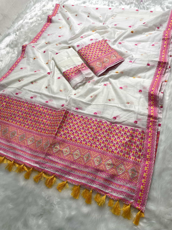 Weaving White Dhaga-Jari Work Work AC Cotton* Mekhela Sador