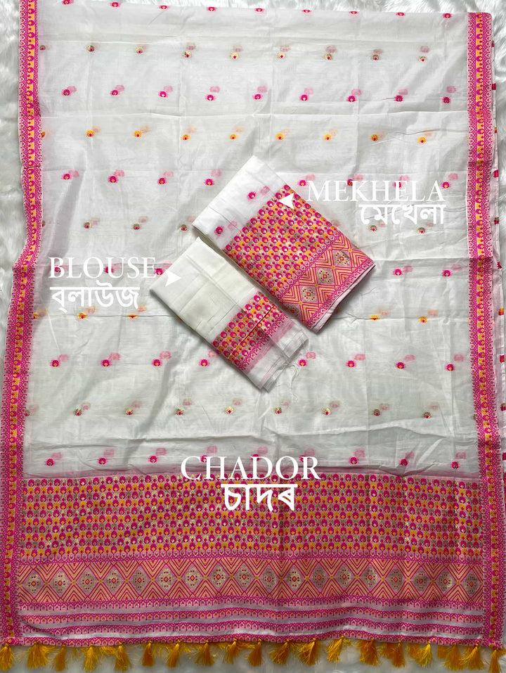 Weaving White Dhaga-Jari Work Work AC Cotton* Mekhela Sador