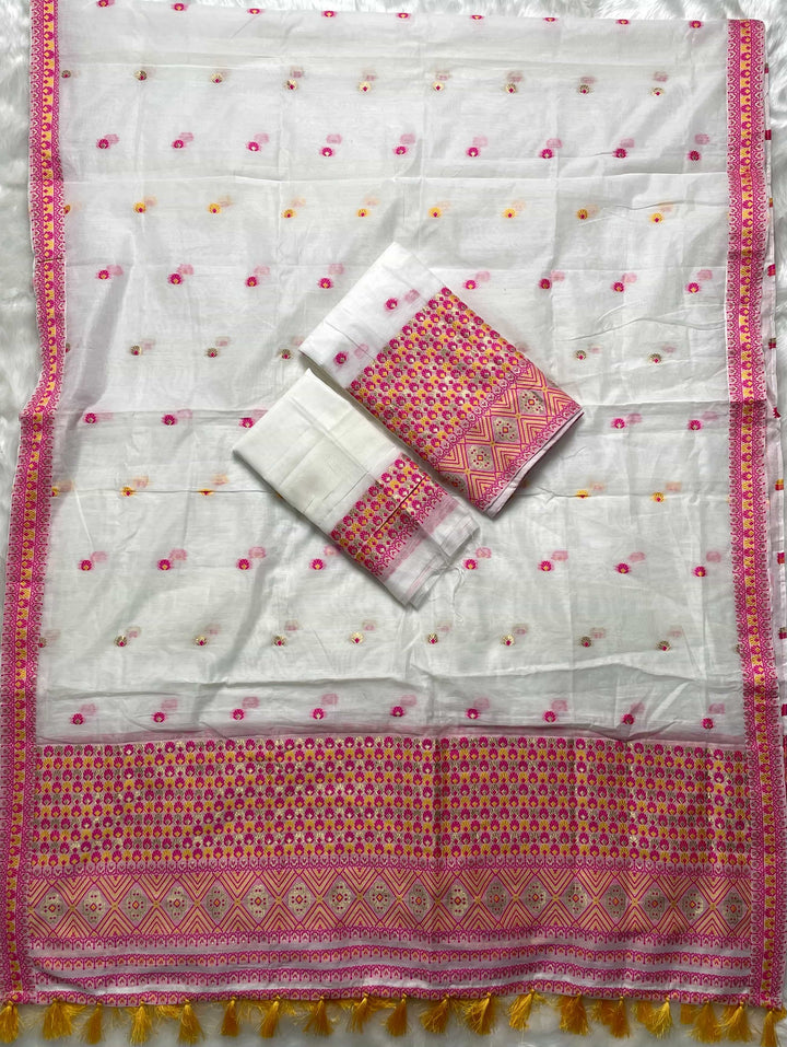 Weaving White Dhaga-Jari Work Work AC Cotton* Mekhela Sador