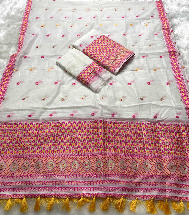 Weaving White Dhaga-Jari Work Work AC Cotton* Mekhela Sador