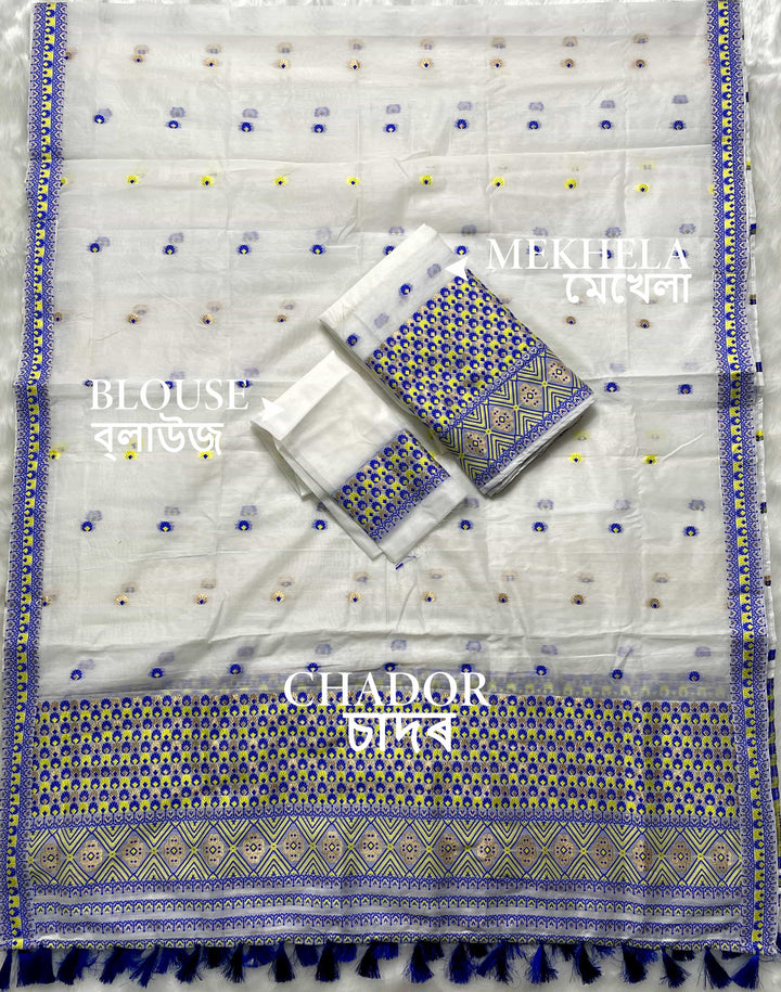 Weaving White Dhaga-Jari Work Work AC Cotton* Mekhela Sador