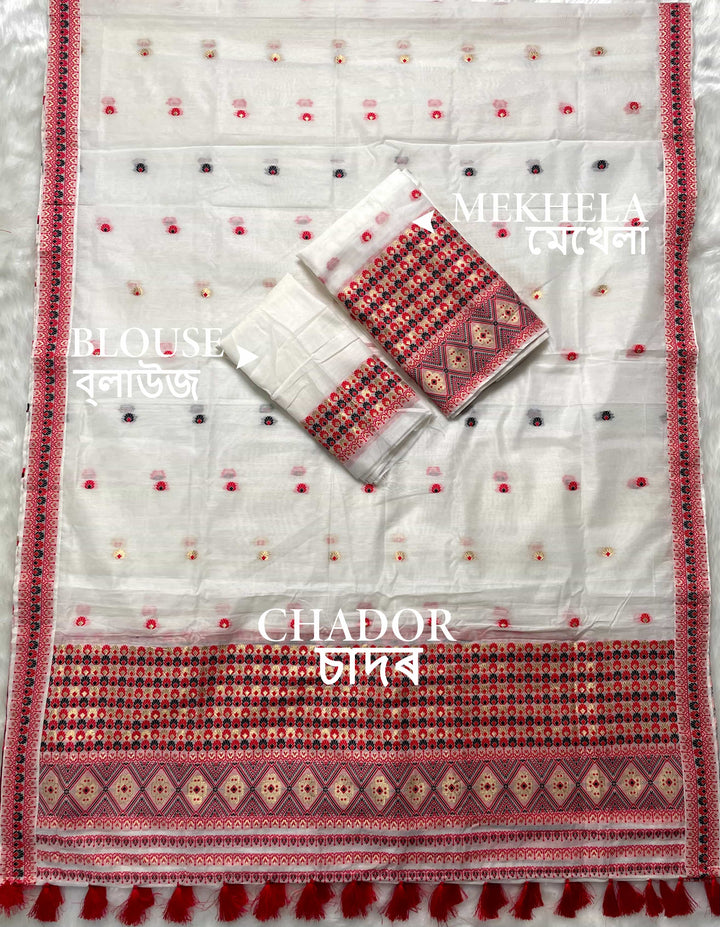 Weaving White Dhaga-Jari Work Work AC Cotton* Mekhela Sador