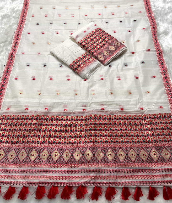 Weaving White Dhaga-Jari Work Work AC Cotton* Mekhela Sador