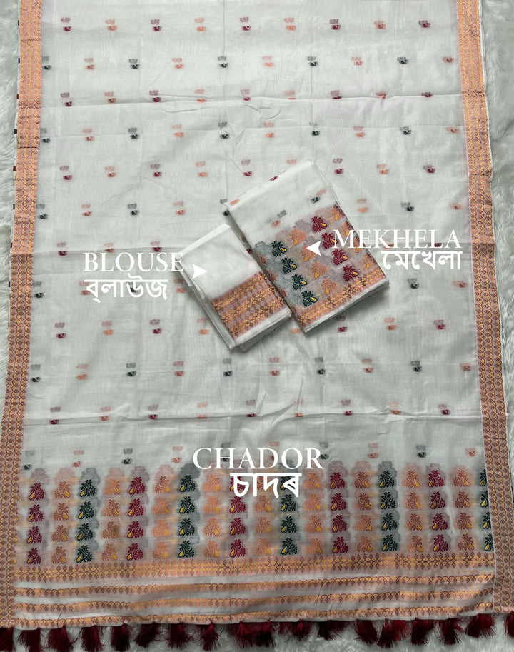 Weaving White Dhaga-Jari Work Work AC Cotton* Mekhela Sador