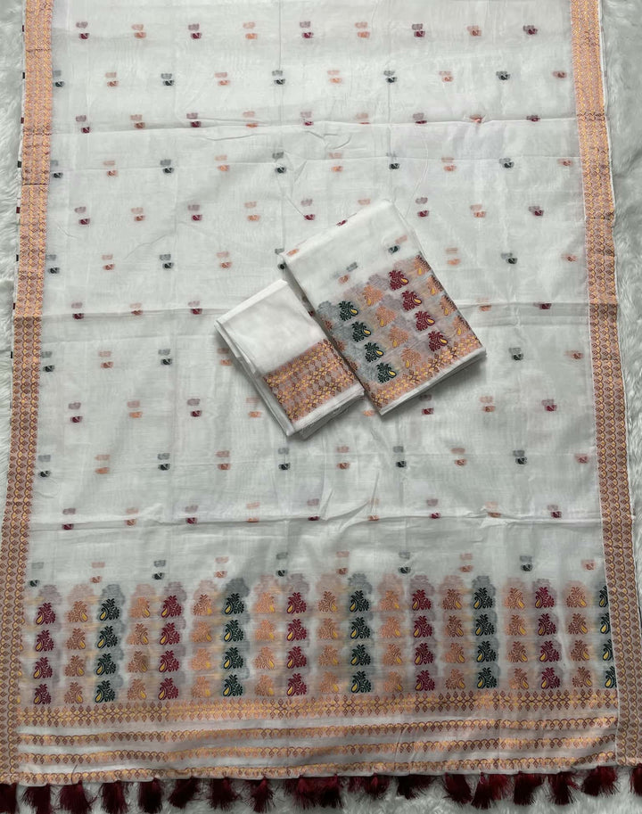 Weaving White Dhaga-Jari Work Work AC Cotton* Mekhela Sador
