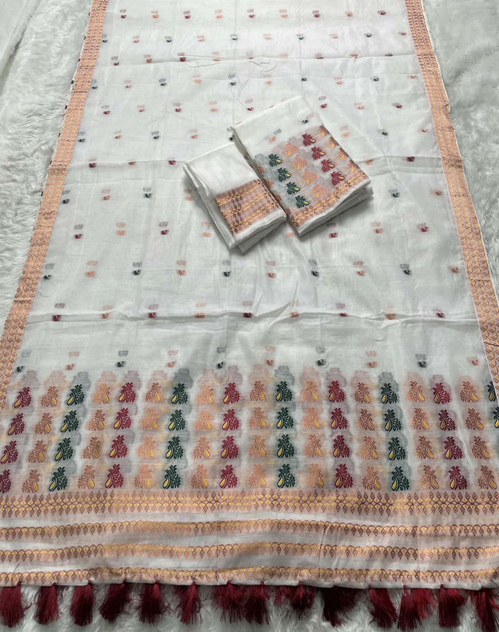 Weaving White Dhaga-Jari Work Work AC Cotton* Mekhela Sador
