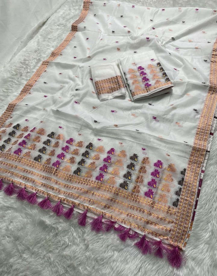 Weaving White Dhaga-Jari Work Work AC Cotton* Mekhela Sador