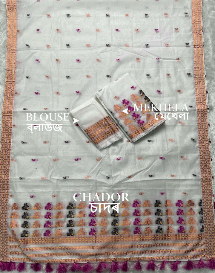 Weaving White Dhaga-Jari Work Work AC Cotton* Mekhela Sador