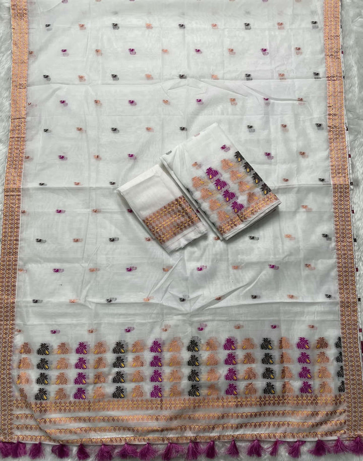 Weaving White Dhaga-Jari Work Work AC Cotton* Mekhela Sador