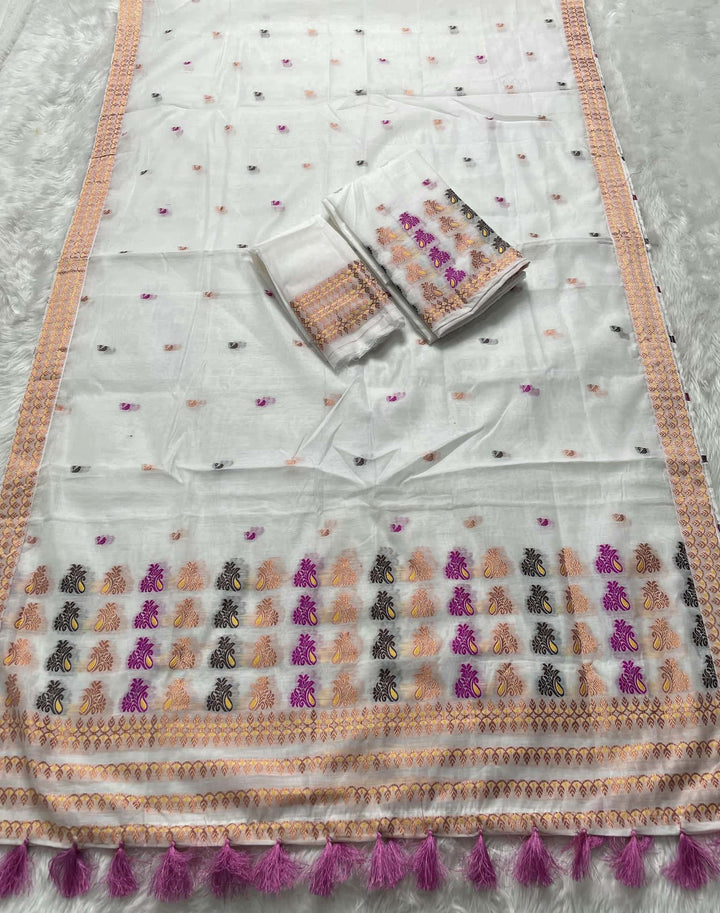 Weaving White Dhaga-Jari Work Work AC Cotton* Mekhela Sador