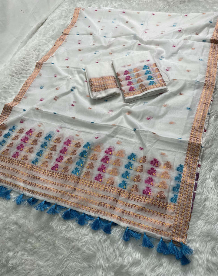 Weaving White Dhaga-Jari Work Work AC Cotton* Mekhela Sador