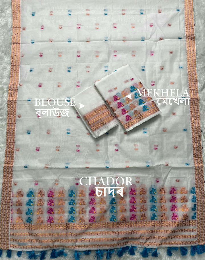 Weaving White Dhaga-Jari Work Work AC Cotton* Mekhela Sador