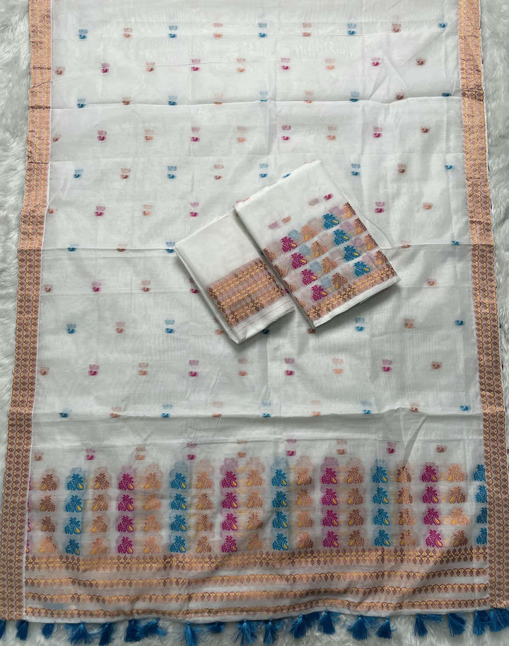 Weaving White Dhaga-Jari Work Work AC Cotton* Mekhela Sador