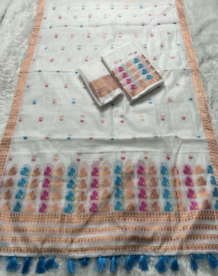 Weaving White Dhaga-Jari Work Work AC Cotton* Mekhela Sador