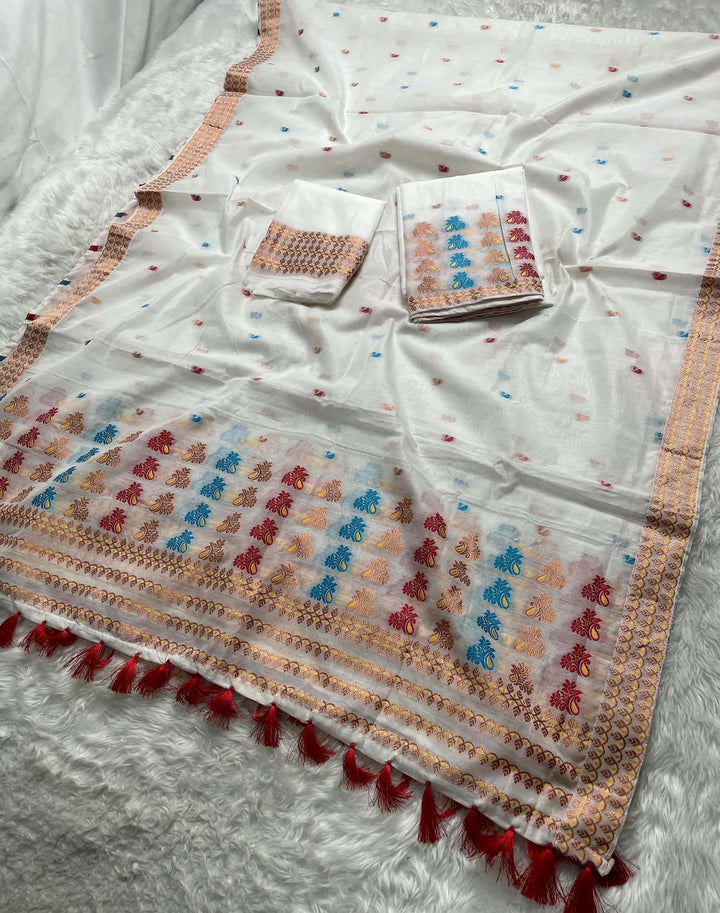 Weaving White Dhaga-Jari Work Work AC Cotton* Mekhela Sador
