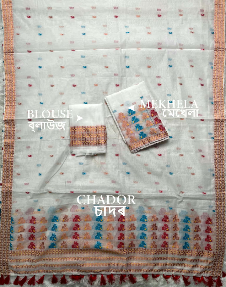 Weaving White Dhaga-Jari Work Work AC Cotton* Mekhela Sador