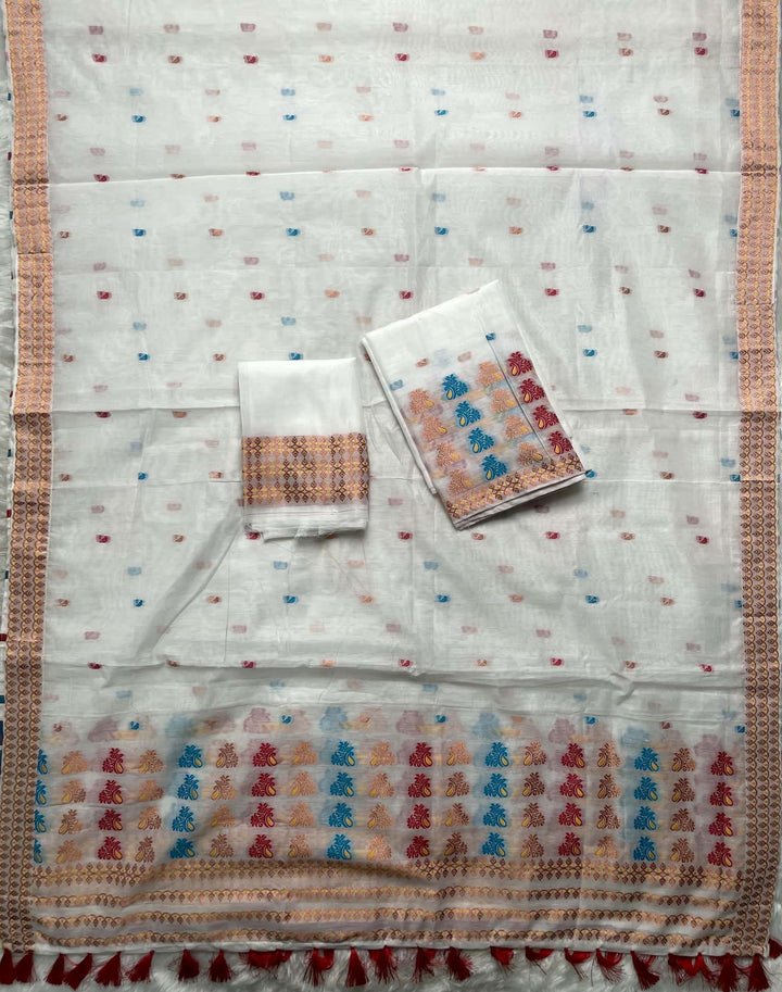 Weaving White Dhaga-Jari Work Work AC Cotton* Mekhela Sador