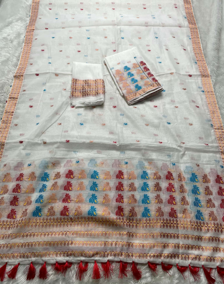 Weaving White Dhaga-Jari Work Work AC Cotton* Mekhela Sador
