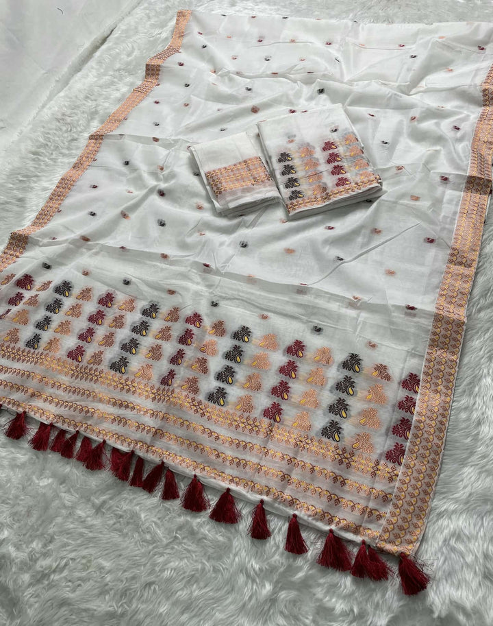 Weaving White Dhaga-Jari Work Work AC Cotton* Mekhela Sador