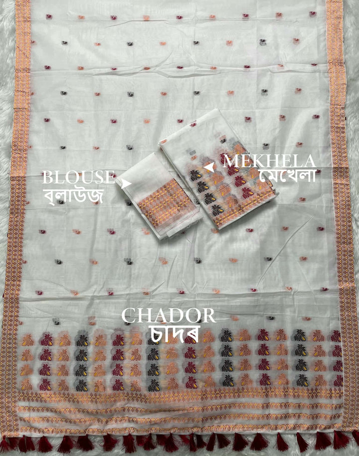 Weaving White Dhaga-Jari Work Work AC Cotton* Mekhela Sador