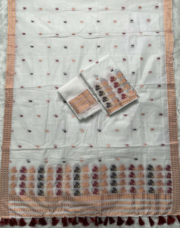 Weaving White Dhaga-Jari Work Work AC Cotton* Mekhela Sador