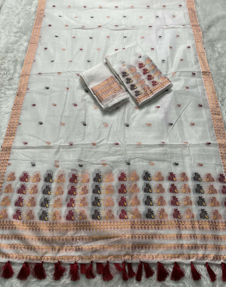 Weaving White Dhaga-Jari Work Work AC Cotton* Mekhela Sador