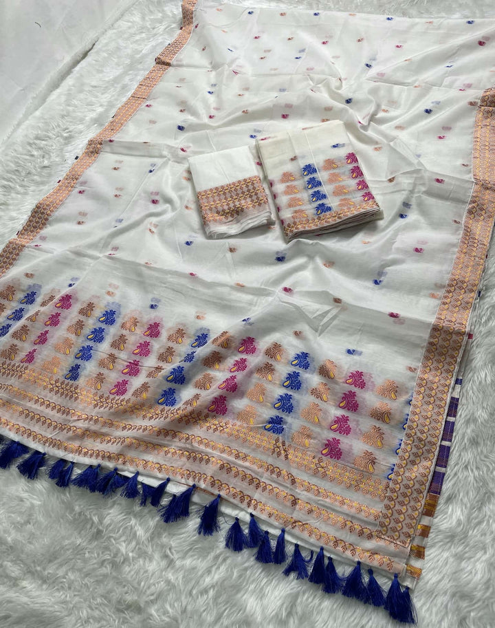 Weaving White Dhaga-Jari Work Work AC Cotton* Mekhela Sador