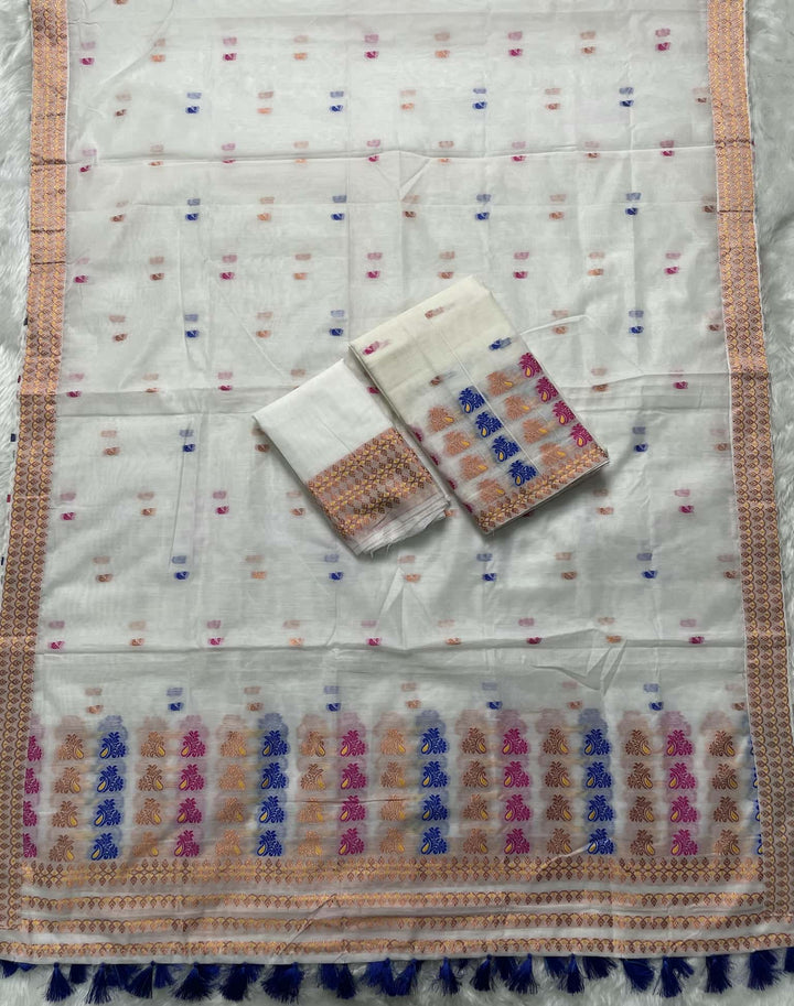 Weaving White Dhaga-Jari Work Work AC Cotton* Mekhela Sador
