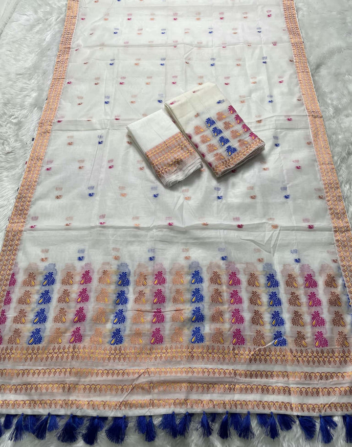 Weaving White Dhaga-Jari Work Work AC Cotton* Mekhela Sador