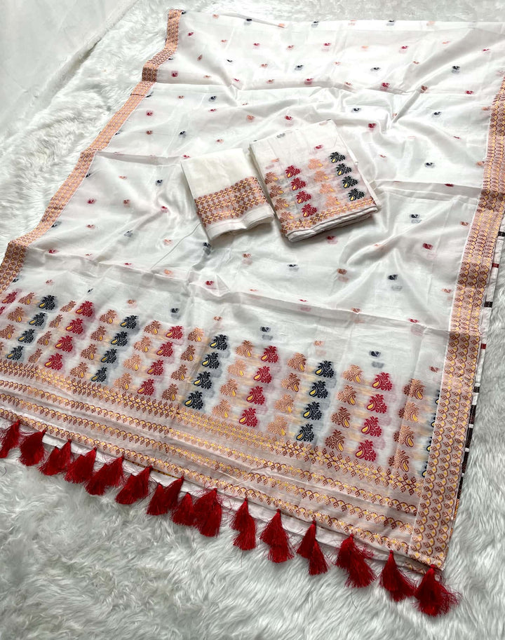 Weaving White Dhaga-Jari Work Work AC Cotton* Mekhela Sador
