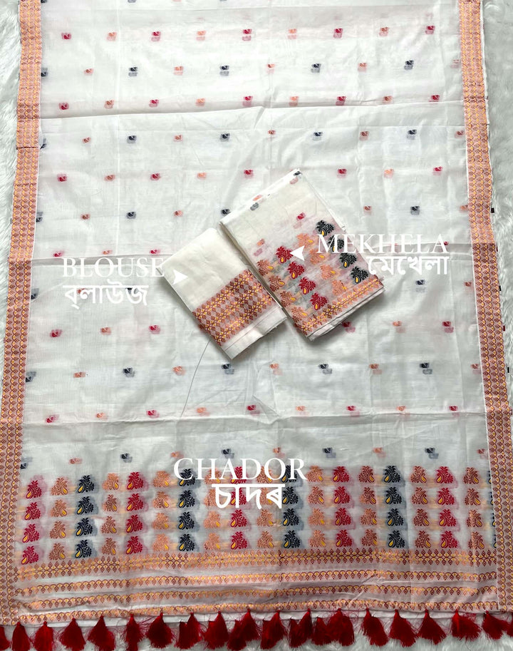 Weaving White Dhaga-Jari Work Work AC Cotton* Mekhela Sador