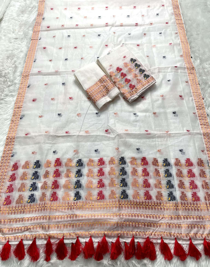 Weaving White Dhaga-Jari Work Work AC Cotton* Mekhela Sador