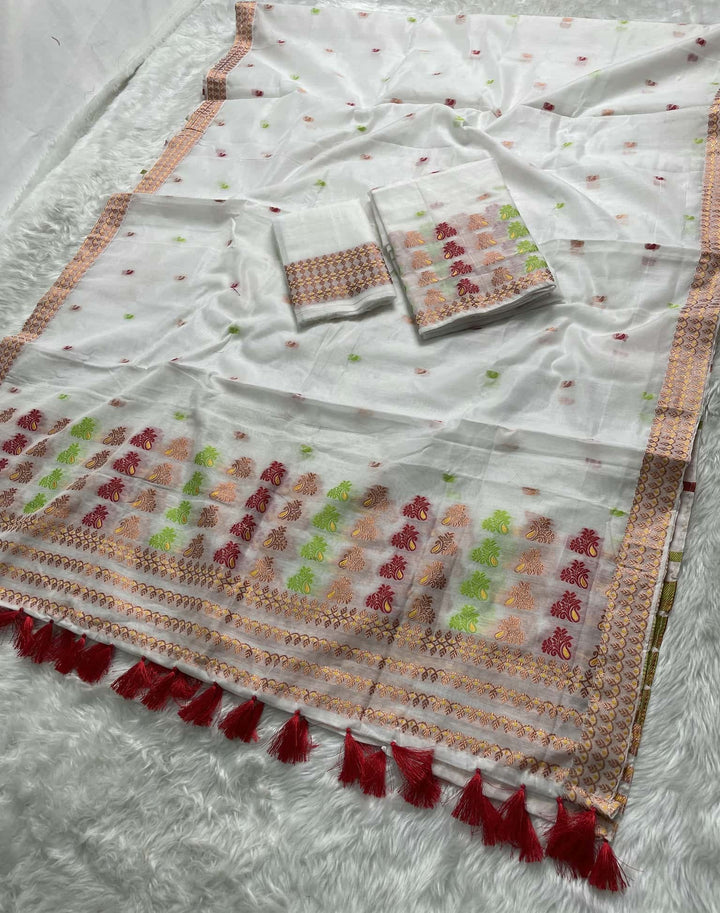 Weaving White Dhaga-Jari Work Work AC Cotton* Mekhela Sador