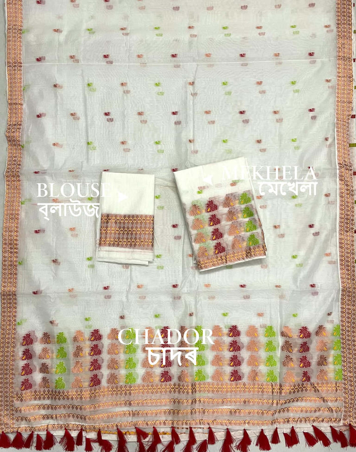 Weaving White Dhaga-Jari Work Work AC Cotton* Mekhela Sador