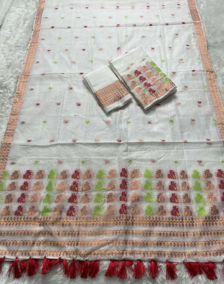 Weaving White Dhaga-Jari Work Work AC Cotton* Mekhela Sador
