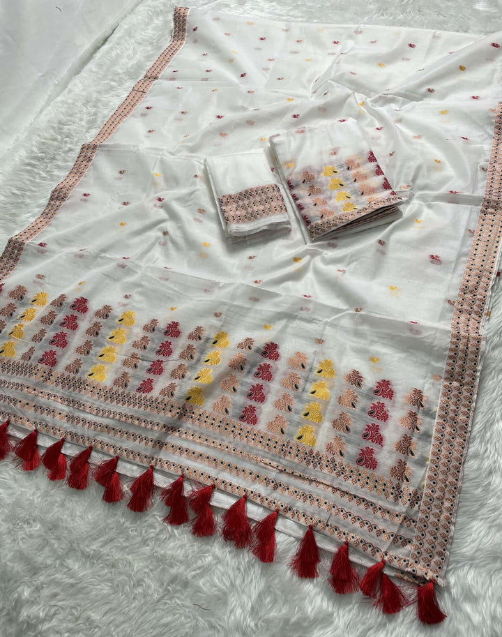 Weaving White Dhaga-Jari Work Work AC Cotton* Mekhela Sador