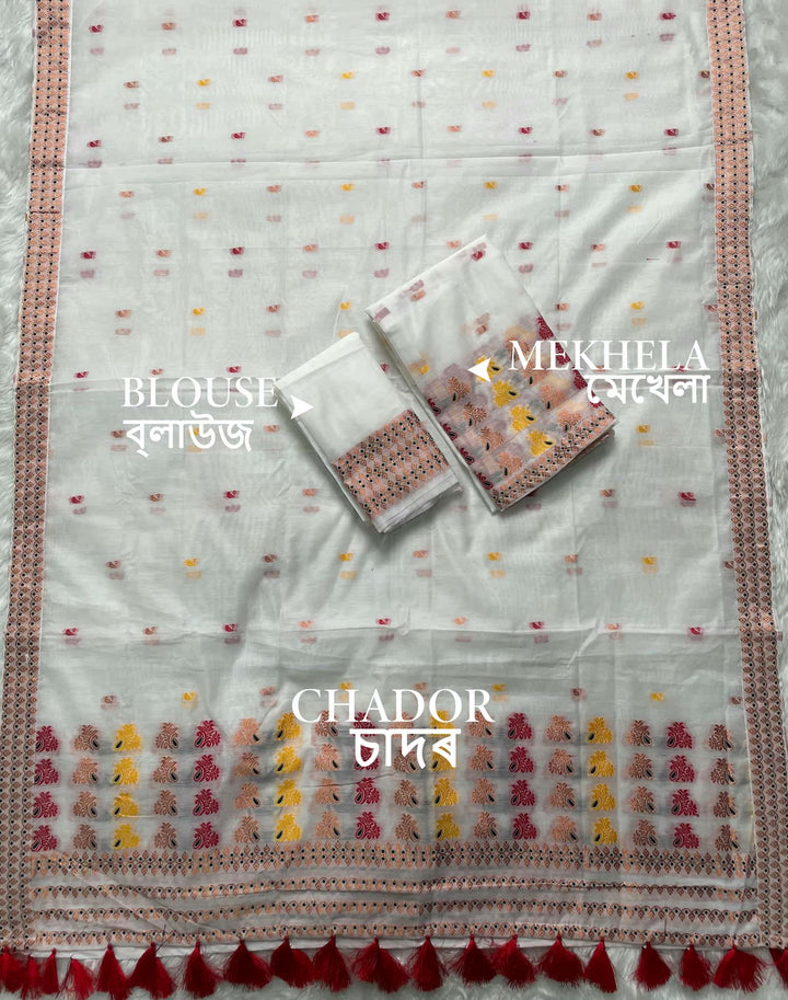 Weaving White Dhaga-Jari Work Work AC Cotton* Mekhela Sador