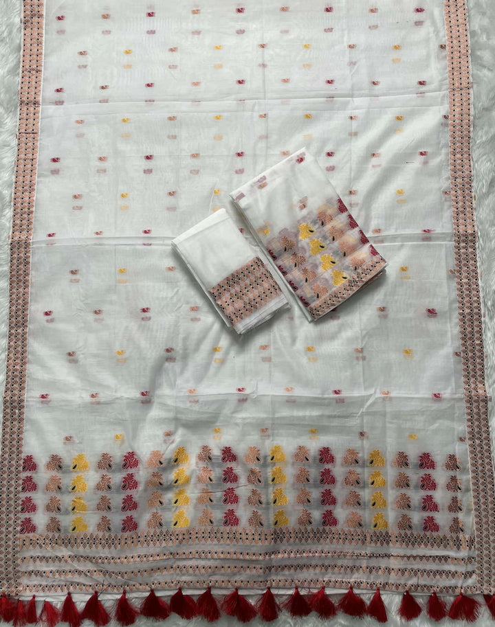 Weaving White Dhaga-Jari Work Work AC Cotton* Mekhela Sador