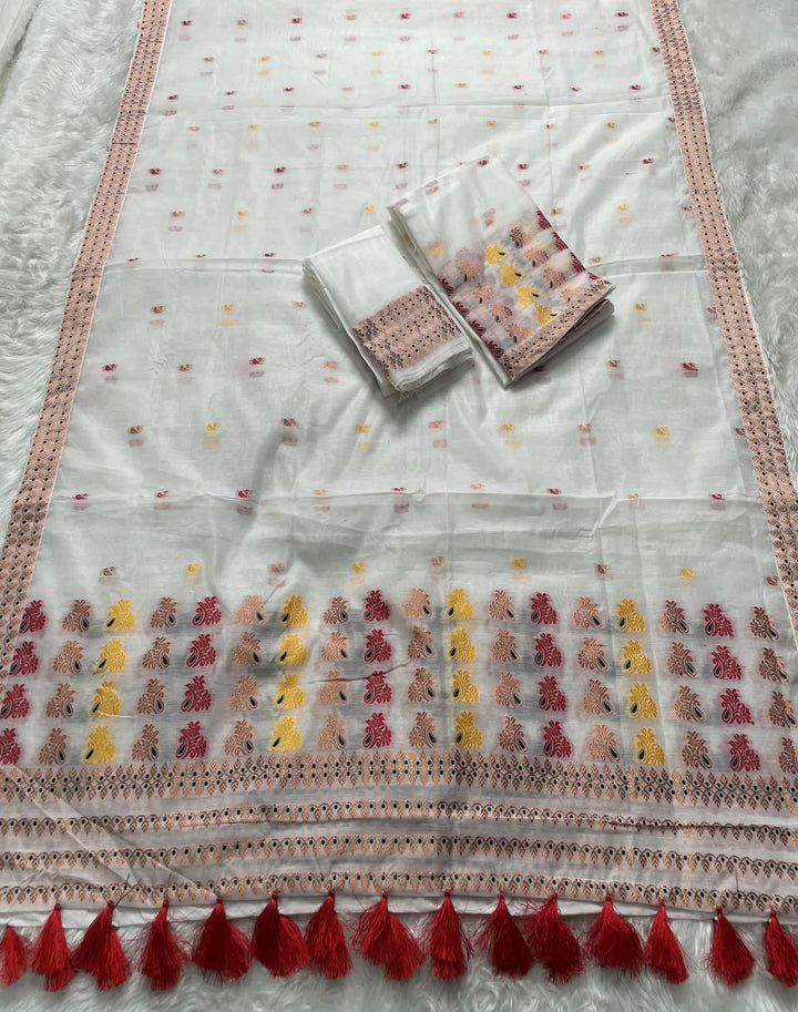 Weaving White Dhaga-Jari Work Work AC Cotton* Mekhela Sador