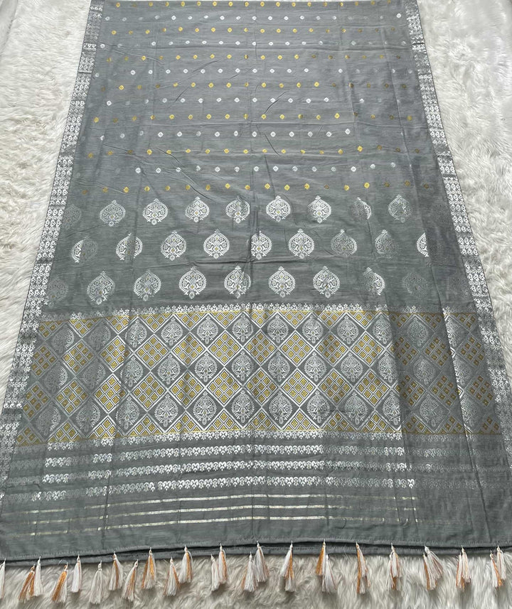 Ready-To-Wear Silver-Gold Guna Super Cotton* Mekhela Sador