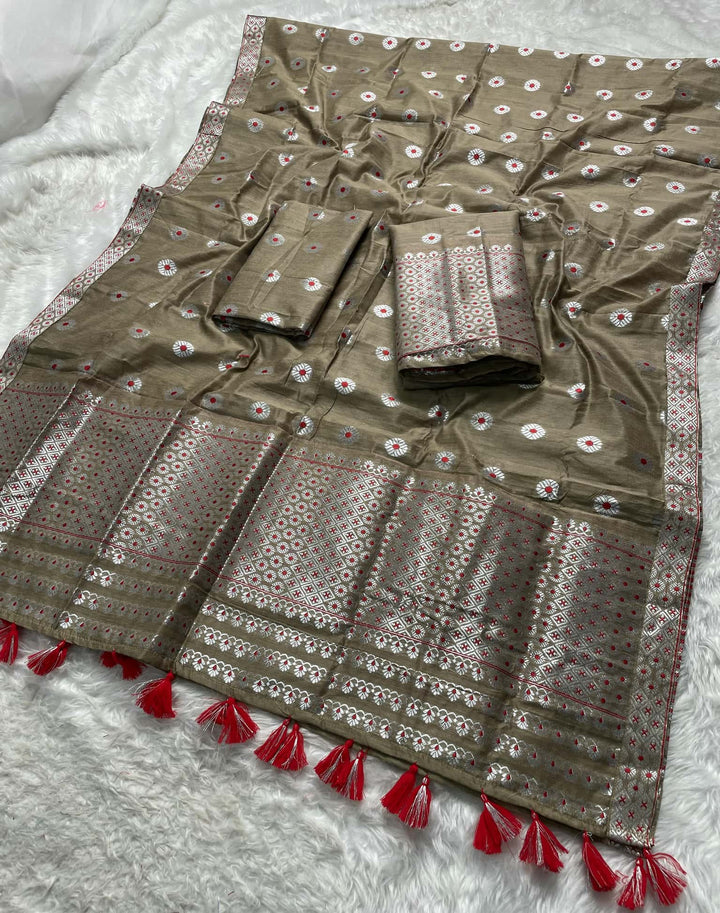 Ready-To-Wear Silver Jari & Dhaga AC Cotton* Mekhela Sador