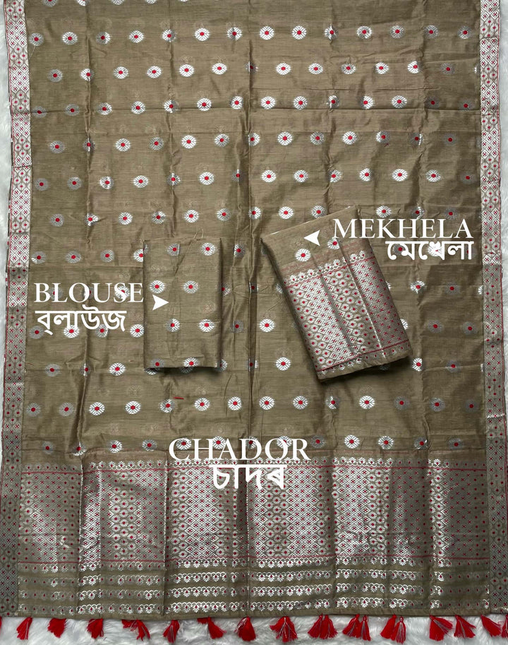 Ready-To-Wear Silver Jari & Dhaga AC Cotton* Mekhela Sador