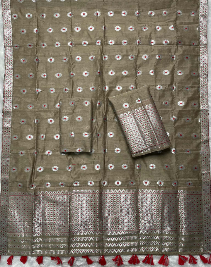 Ready-To-Wear Silver Jari & Dhaga AC Cotton* Mekhela Sador