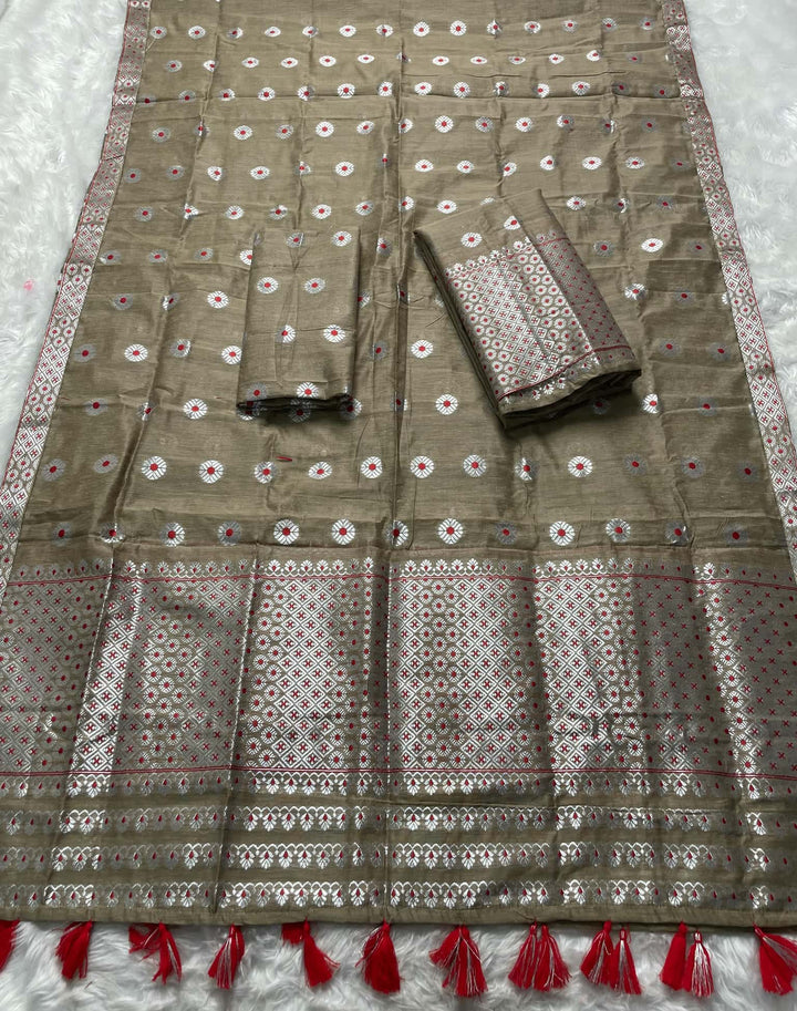 Ready-To-Wear Silver Jari & Dhaga AC Cotton* Mekhela Sador