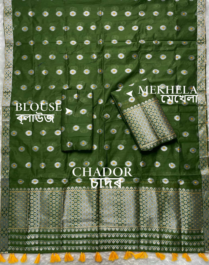 Ready-To-Wear Silver Jari & Dhaga AC Cotton* Mekhela Sador