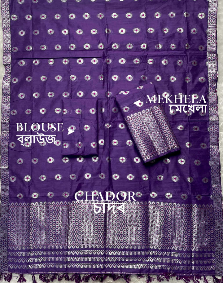 Ready-To-Wear Silver Jari & Dhaga AC Cotton* Mekhela Sador