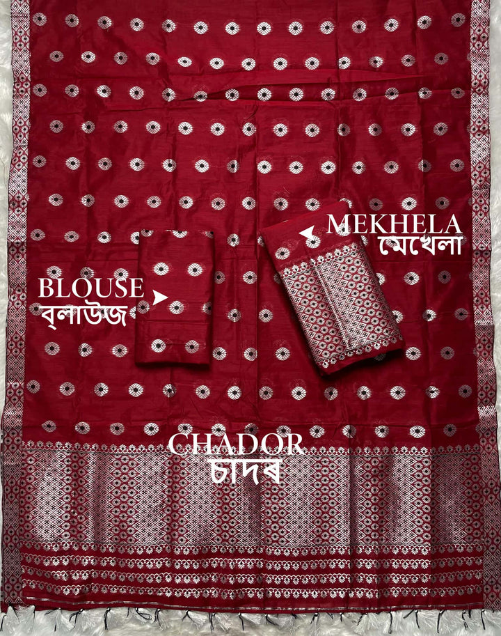 Ready-To-Wear Silver Jari & Dhaga AC Cotton* Mekhela Sador
