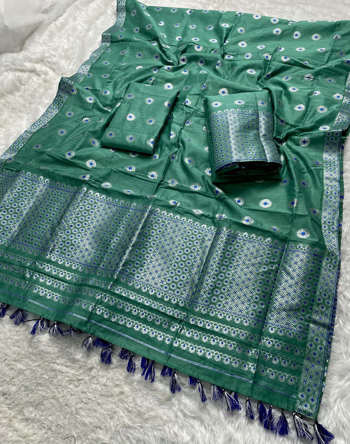 Ready-To-Wear Silver Jari & Dhaga AC Cotton* Mekhela Sador