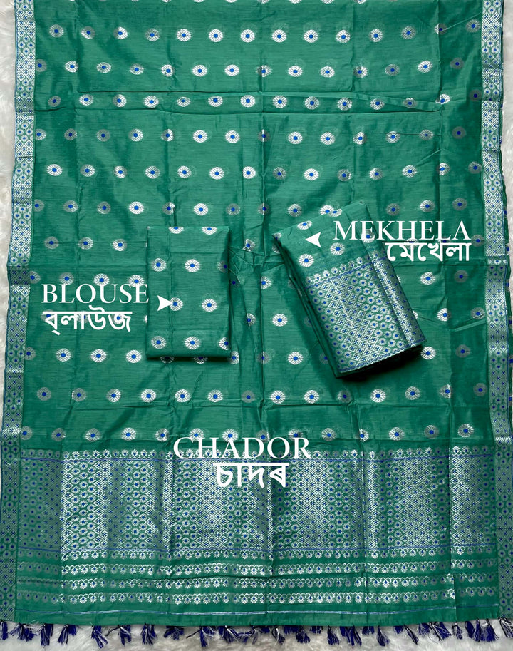 Ready-To-Wear Silver Jari & Dhaga AC Cotton* Mekhela Sador