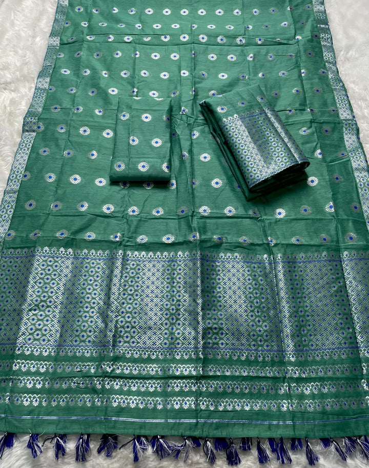 Ready-To-Wear Silver Jari & Dhaga AC Cotton* Mekhela Sador